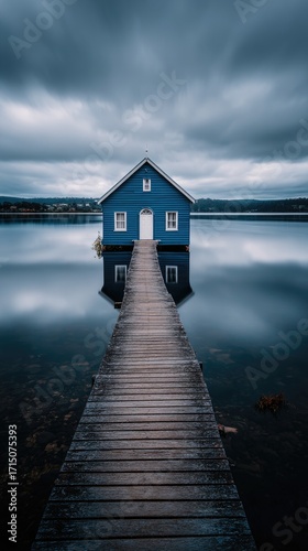 A serene, tranquil scene of a charming, blue house on a wooden pier over still water, bathed in the soft hues of a dramatic sky.