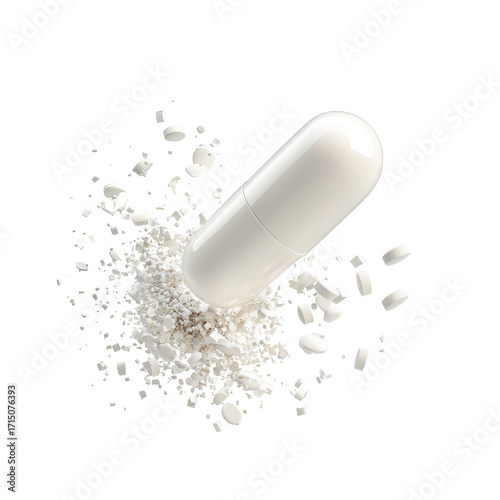 A white pill capsule burst open, A white pill capsule breaks apart, with its contents visibly spilling out onto the ground, isolated on transparent background