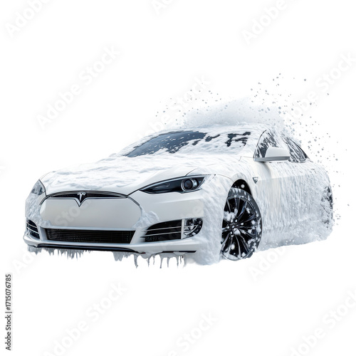 A white car being foam washed, A white car in the process of being foam washed, surrounded by a cloud of suds and bubbles in a car wash, isolated on transparent background