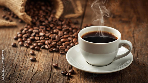 A steaming cup of black coffee in a classic white ceramic cup with saucer, placed on rustic wooden table