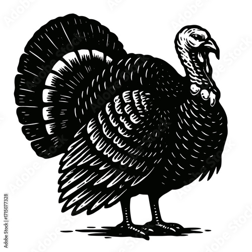 High contrast black and white turkey composition, engraving sketch style vector illustration on white background