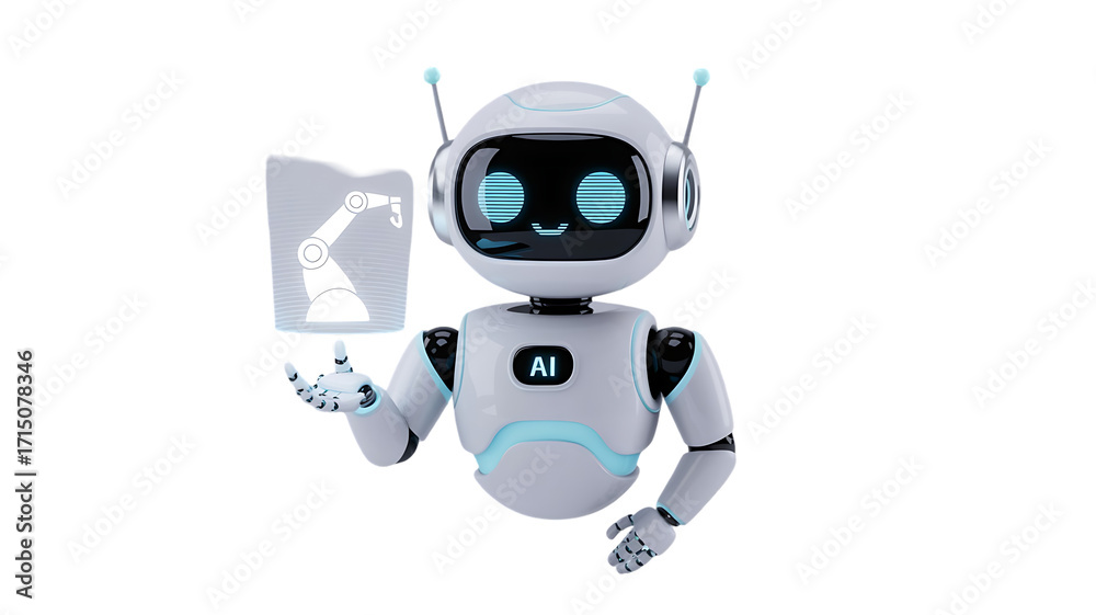 Fototapeta premium Friendly AI robot holds holographic manufacturing arm, showcasing future technology solutions
