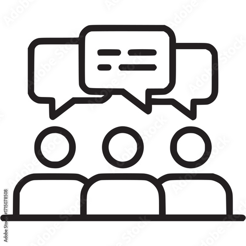 Vector art of group discussion icon this vector illustration features a simple, clean line drawing of three people with speech bubbles above them, representing communication, collaboration, and teamwo