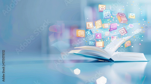Open book with floating digital icons representing communication and technology on light blue background - Generated with AI
