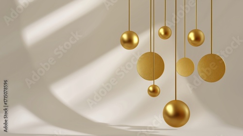 Golden spheres suspended in a minimalist setting, casting soft shadows on a light background, creating an elegant and modern atmosphere with artistic appeal