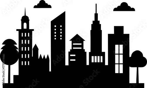 Urban Skyline Silhouette with Trees and Clouds Vector Illustration