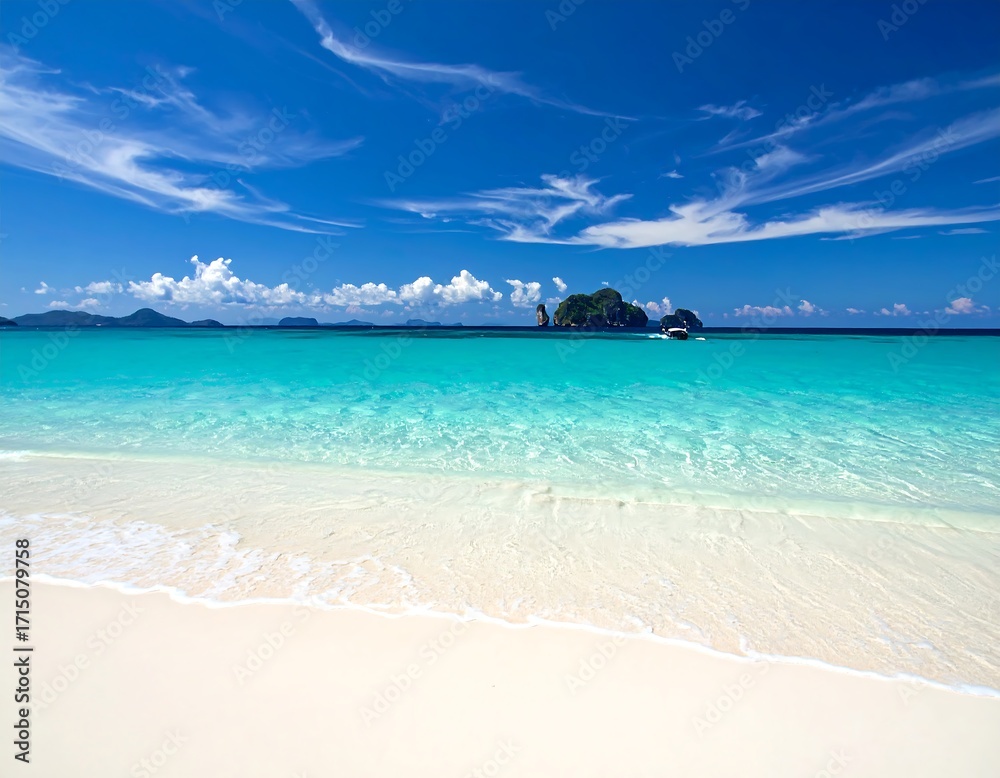 Obraz premium A tranquil tropical beach scene showcases a vibrant turquoise ocean meeting pristine white sand, with small islands and a gentle boat in the distance under a vast, cloud-filled blue sky.