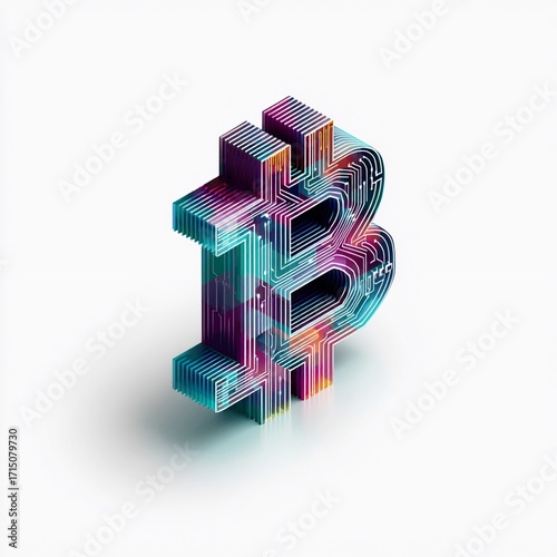 3D Bitcoin symbol made of colorful lines, showcasing modern digital currency design and its innovative technology in a visually striking manner