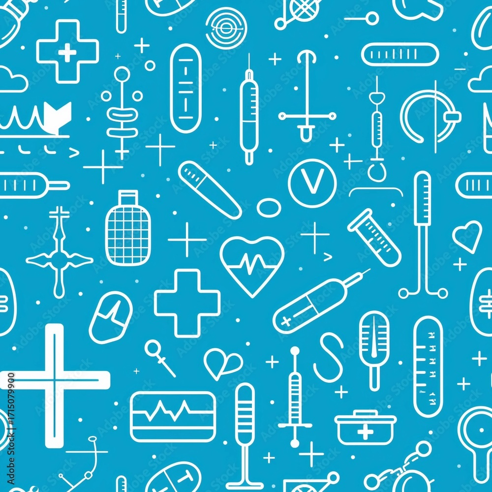 Fototapeta premium Medical symbols and equipment pattern on a blue background featuring icons like syringes, thermometers, and health-related symbols commonly found in healthcare settings