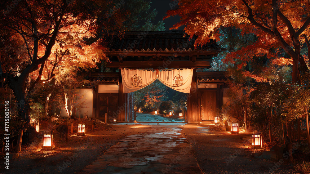 Fototapeta premium 灯りに照らされる参道と紅葉の山門夜景の静けさ