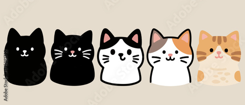 Adorable cartoon cat faces in various colors, perfect for playful designs and charming projects