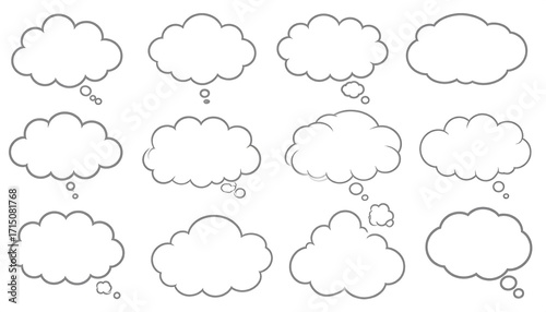 A collection of various cartoon-style thought and speech bubbles in grayscale, showcasing a range of shapes and sizes.