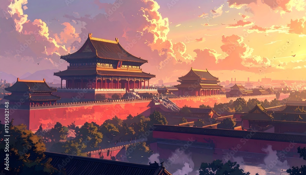 Obraz premium Majestic chinese imperial palace complex at sunset, showcasing intricate architecture and warm hues.