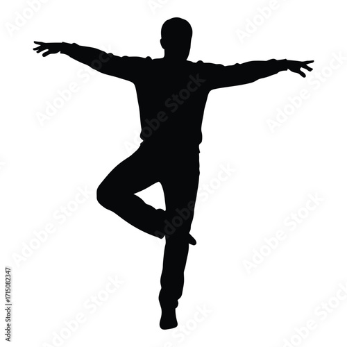 A person in a dynamic pose with arms outstretched striking silhouette