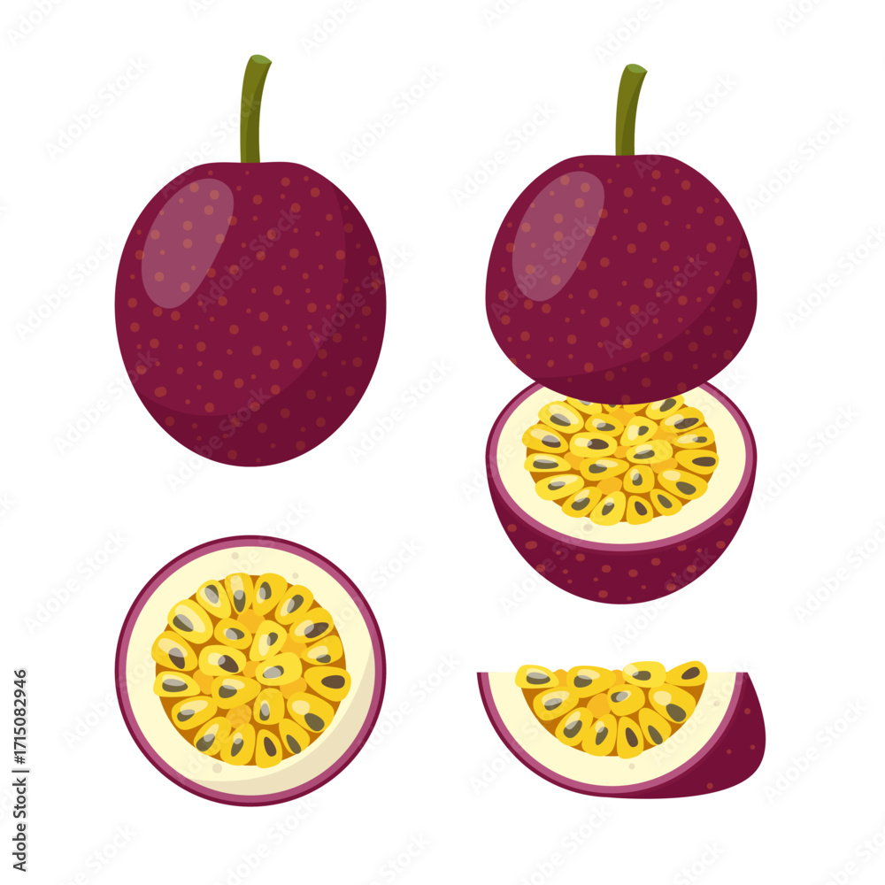 Naklejka premium Passion fruit icons. Fresh whole passion fruit, cut, half and piece. Organic tropical exotic fresh fruits for healthy food. Vector illustration isolated on white background.