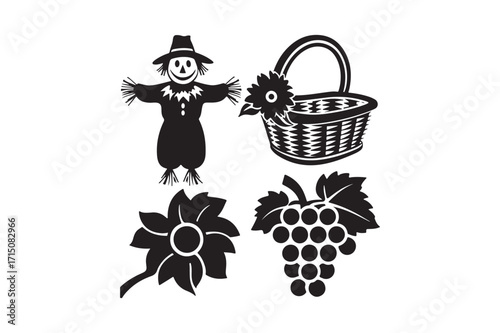 Black and white harvest icons scarecrow basket flower and grapes