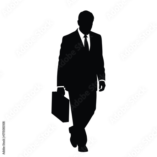A sharply dressed businessman walking with a briefcase striking silhouette