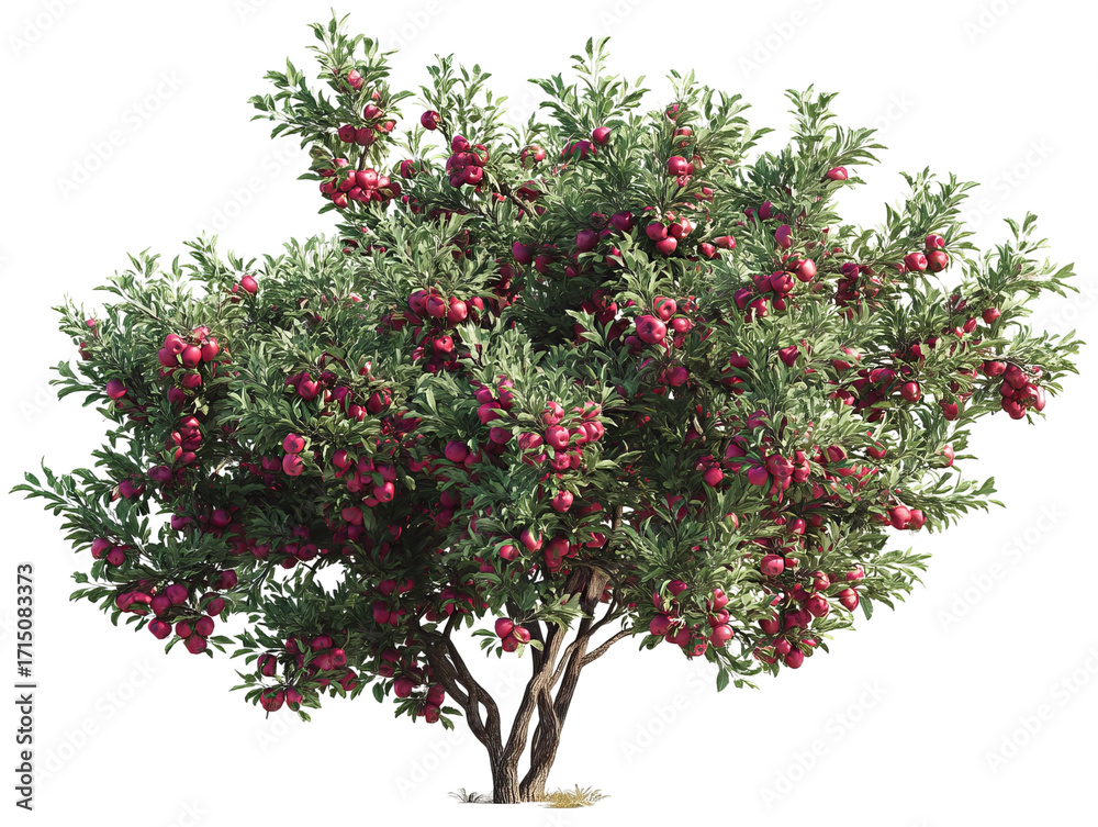 Fototapeta premium PNG of A vibrant apple tree laden with red fruits, showcasing lush green leaves in a lively, sunny setting.
