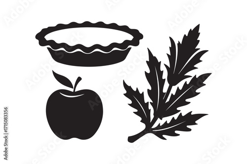 Rustic apple pie ingredients and autumn leaves silhouette