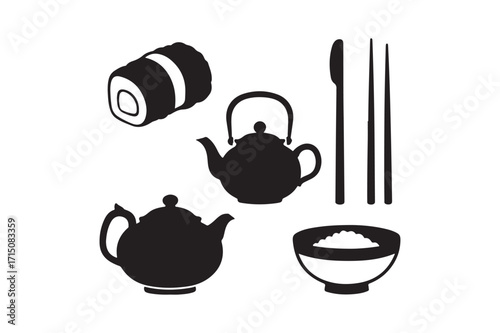 Japanese tea ceremony utensils and food illustration