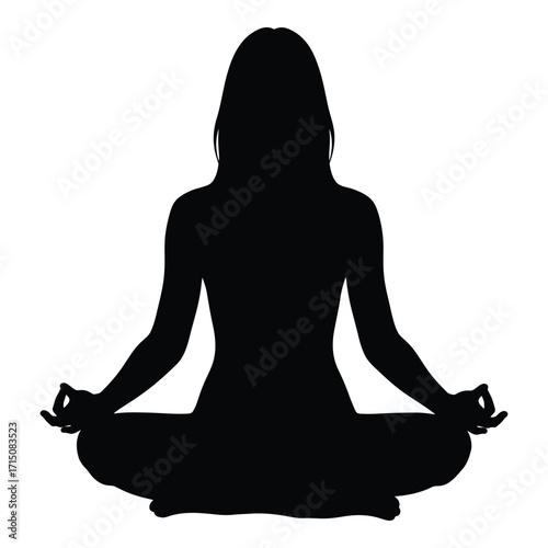 A woman meditating in lotus position against a white background silhouette