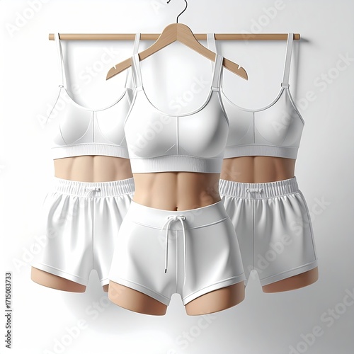 Three identical white sports bras and shorts hang on a wooden rack against a white background, showcasing a seamless, athletic aesthetic