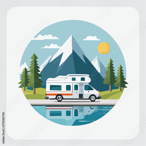 Camper van parked lakeside in scenic Mountain landscape during daytime