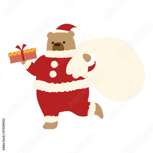 プレゼントの袋を持って走るクマのサンタクロース/ Santa Bear running with a gift sack