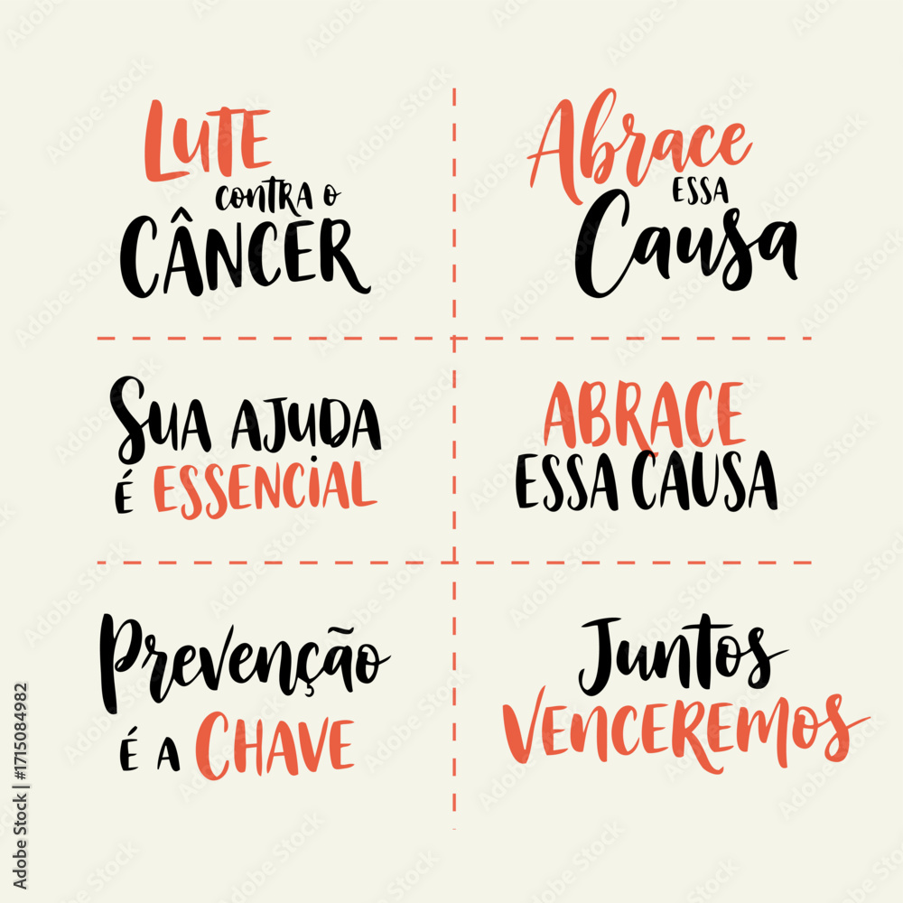 Lettering de Conscientização e Prevenção do Câncer em Vetor. Conjunto de Frases de Apoio e Motivação para a Luta Contra o Câncer