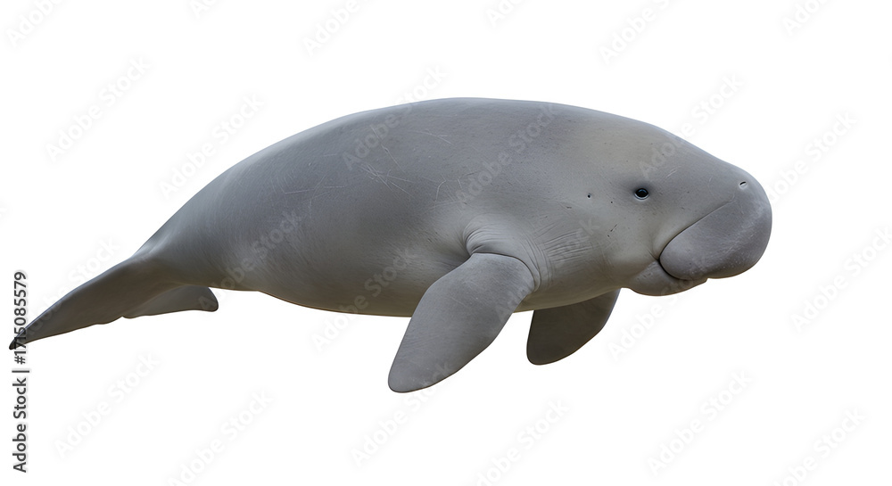 Fototapeta premium Dugong with realistic skin texture and natural body shape, isolated on white background.