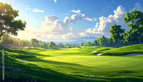 A picturesque golf course unfolds under a vibrant, sunny sky, showcasing lush green fairways and scenic landscapes.