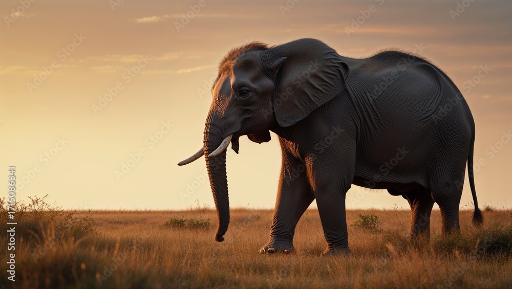 Obraz premium Majestic elephant gracefully walks across African savanna at sunset, bathed in warm golden light, a symbol of wild beauty and nature's grandeur.