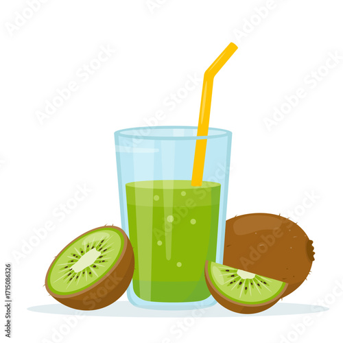 Fresh tropical Kiwi juice in glass, whole kiwi fruit and pieces. Diet vitamin juice or smoothie. Exotic cocktail for healthy dieting. Vector illustration isolated on white background.