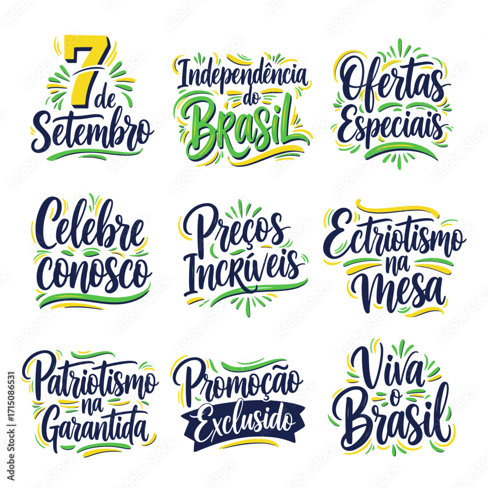 Coleção de Vetores e Letterings para 7 de Setembro Dia da Independência do Brasil.  Independência do Brasil: Vetores Patrióticos e Comerciais para Campanhas