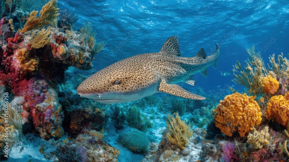 Obraz premium A leopard shark glides gracefully through clear blue waters, surrounded by colorful coral reefs.
