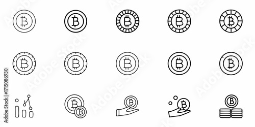 Bitcoin cryptocurrency line art icons showing investment growth and digital finance in minimalist style