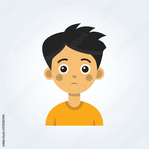 A cartoon character illustration of a boy has a confused face