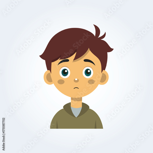 A cartoon character illustration of a boy has a confused face with open eyes