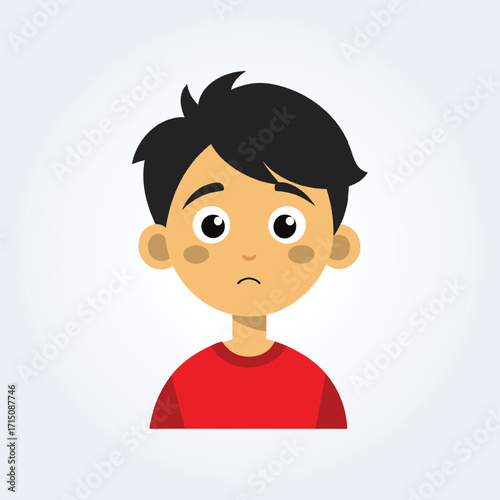 A cartoon character illustration of a boy has a confused face with a red shirt