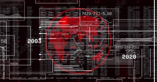 Opening with red globe on code field, panels sliding, grids updating, ring pulsing mapping history