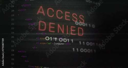 Faint code overlaying HTML list, letters forming ACCESS DENIED and streams pulsing blocking access