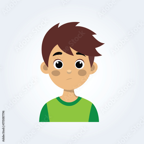 A cartoon character illustration of a boy has a confused face with a green shirt and open eyes