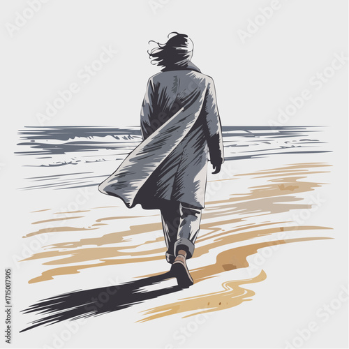 windswept beach traveler charcoal sketch with ochre watercolor accents for solitude