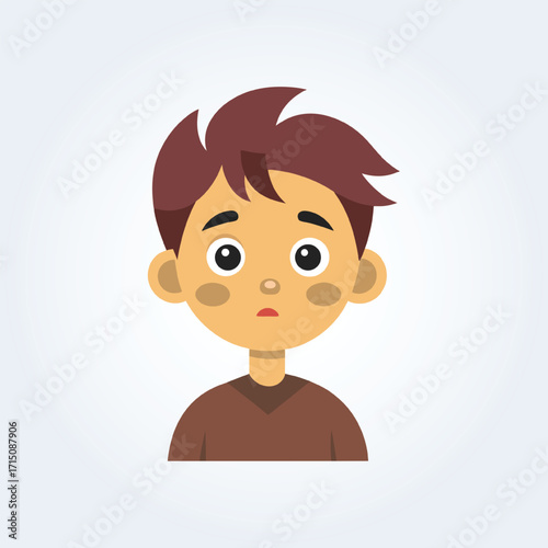 A cartoon character illustration of a boy has a confused face with a maroon shirt
