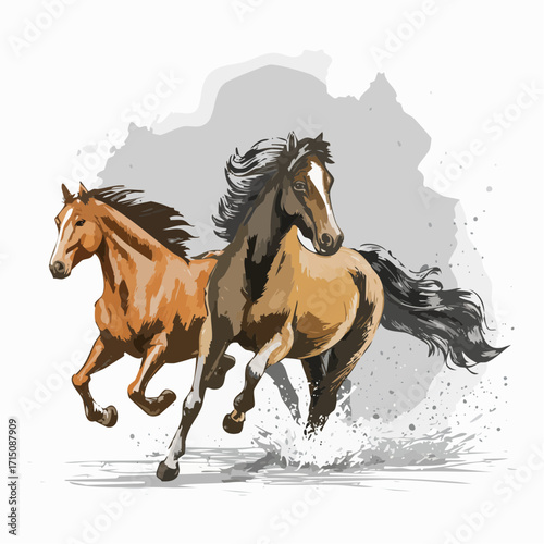 wild horses galloping charcoal sketch with amber watercolor splashes for dynamic motion