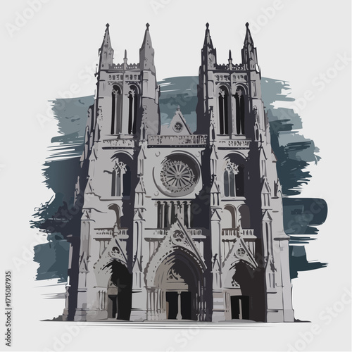 gothic cathedral façade charcoal sketch with slate watercolor wash for architectural drama