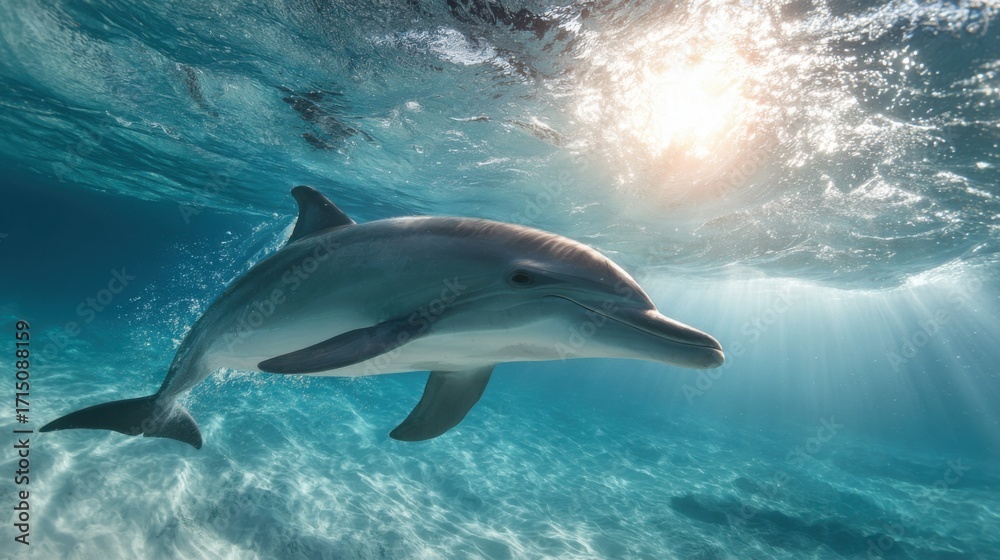 Obraz premium A dolphin glides effortlessly through serene ocean waters, its sleek body shimmering as sunlight breaks through the surface above. The tranquil scene captures the beauty of marine life.