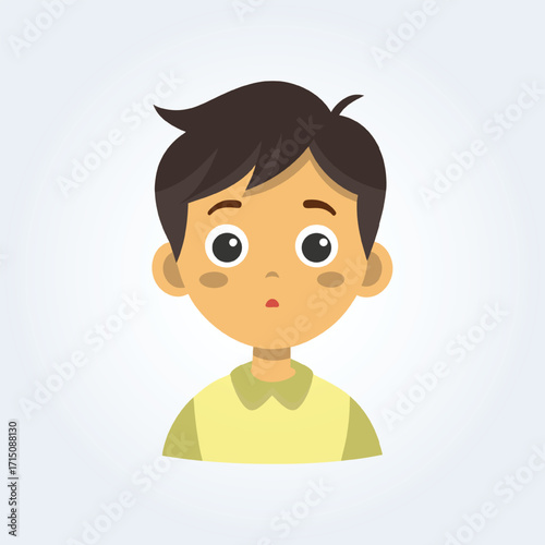 A cartoon character illustration of a boy has a confused face with a yellow shirt