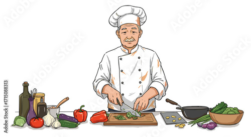 Skilled Chef Chopping Fresh Vegetables Preparing Healthy Meal Isolated on White Background