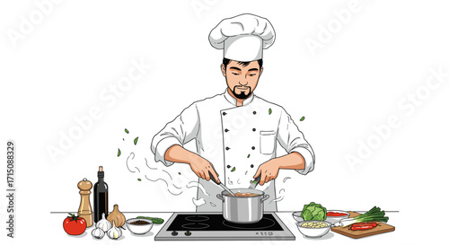 Skilled Chef Cooking Delicious Food in a Modern Kitchen with Fresh Ingredients and Utensils Isolated on White Background